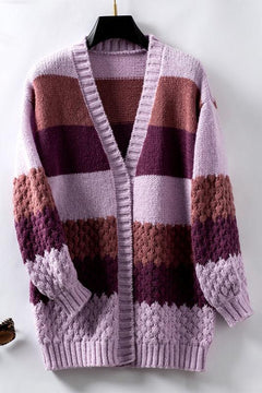 Women's Oversized Knit Cardigan | Open-Front Textured Striped Relaxed Fit for Autumn & Winter Wear & Smart Casual Wear in Purple