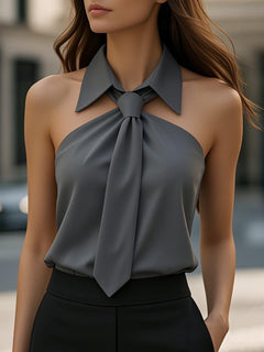 Women's Halter Tie-Neck Blouse | Sleeveless Structured-Collar Tailored Relaxed Fit for Office Wear & Evening Wear in Dark Gray