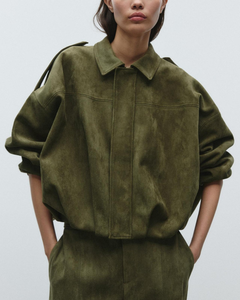 Women's Cropped Boxy Jacket | Collared Button-Shoulder-Tab Relaxed Fit for Autumn & Winter Wear & Smart Casual Wear in Green