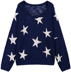 Women's Star Print Sweater | Chunky Knit Round-Neck Loose Relaxed Fit for Autumn & Winter Wear & Everyday Wear in Royal blue