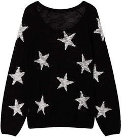 Women's Star Print Sweater | Chunky Knit Round-Neck Loose Relaxed Fit for Autumn & Winter Wear & Everyday Wear in Black