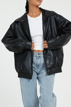 Women's Leather Bomber Jacket | Long-Sleeve Front-Panel Structured Fit for Autumn & Winter Wear & Cold Weather Layering in Black