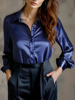 Women's Satin Lapel Blouse | Modern Silhouette Classic-Print Elegant Loose Comfort Fit for Office Wear & Evening Wear in Navy