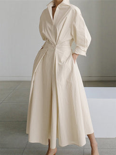 Women's Graceful Button-Front Shirt Dress | Adjustable Tailored Fit for Office Wear, Smart Casual Wear & Everyday Wear in Beige