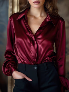 Women's Satin Lapel Blouse | Modern Silhouette Classic-Print Elegant Loose Comfort Fit for Office Wear & Evening Wear in Red