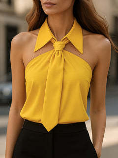 Women's Halter Tie-Neck Blouse | Sleeveless Structured-Collar Tailored Relaxed Fit for Office Wear & Evening Wear in Yellow