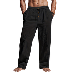 Men's Drawstring Trousers | Lightweight Button-Accent Relaxed Fit for Summer Wear, Holiday Wear & Everyday Wear in Black