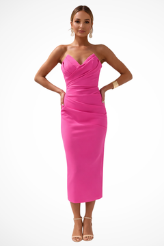 Women's Strapless Midi Dress | Sweetheart-Neckline Ruched-Waist Slim Fit for Evening Wear & Special Occasion Wear in Bright Pink