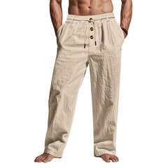 Men's Drawstring Trousers | Lightweight Button-Accent Relaxed Fit for Summer Wear, Holiday Wear & Everyday Wear in Khaki