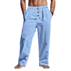 Men's Drawstring Trousers | Lightweight Button-Accent Relaxed Fit for Summer Wear, Holiday Wear & Everyday Wear in Blue