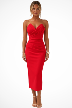Women's Strapless Midi Dress | Sweetheart-Neckline Ruched-Waist Slim Fit for Evening Wear & Special Occasion Wear in Red
