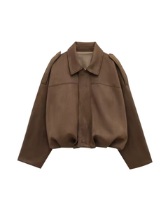Women's Cropped Boxy Jacket | Collared Button-Shoulder-Tab Relaxed Fit for Autumn & Winter Wear & Smart Casual Wear in Brown