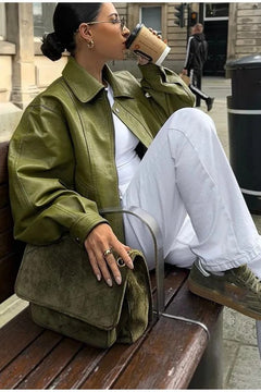 Women's Faux Leather Jacket | Long-Sleeve Front-Panel Structured Fit for Autumn & Winter Wear & Cold Weather Layering in Green