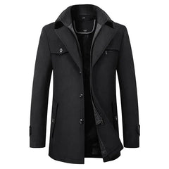 Men's Pea Coat | Mid-Length Notched-Lapel Flap-Pocket Tailored Fit for Autumn & Winter Wear & Smart Casual Wear in Black