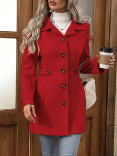 Women's Wool Coat | Turn-Down-Collar Button-Detail Mid-Length Slim Fit for Autumn & Winter Wear & Smart Casual Wear in Red