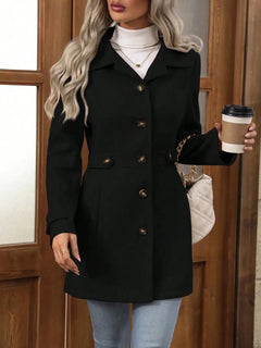 Women's Wool Coat | Turn-Down-Collar Button-Detail Mid-Length Slim Fit for Autumn & Winter Wear & Smart Casual Wear in Black