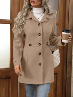 Women's Wool Coat | Turn-Down-Collar Button-Detail Mid-Length Slim Fit for Autumn & Winter Wear & Smart Casual Wear in Khaki