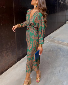 Women's Floral Midi Dress | V-Neck Long-Sleeve Flowing Skirt Comfortable Fit for Autumn & Winter Wear & Everyday Wear in Green