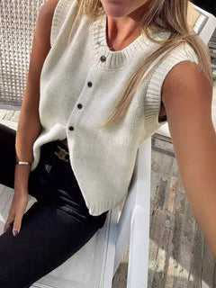 Women's Sweater Vest | Button-Up Sleeveless Ribbed-Edge Regular Fit for Autumn & Winter Wear & Cold Weather Layering in Apricot