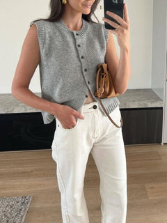 Women's Sweater Vest | Button-Up Sleeveless Ribbed-Edge Regular Fit for Autumn & Winter Wear & Cold Weather Layering in Light Grey