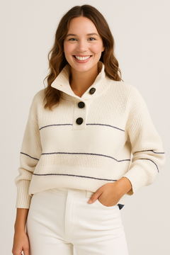Women's Knit Pullover | Button-Collar Waffle-Texture Striped Relaxed Fit for Autumn & Winter Wear & Everyday Wear in White