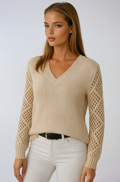 Women's Knit Jumper | Crochet-Sleeve V-Neck Lightweight Layering Relaxed Fit for Autumn & Winter Wear & Everyday Wear in Beige