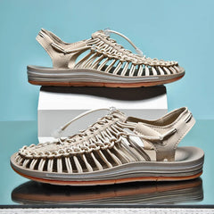 Men's Mesh Sandals | Woven Breathable Elastic-Band Beach-Ready Flexible Comfort Fit for Summer Wear & Holiday Wear in Beige