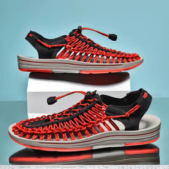 Men's Mesh Sandals | Woven Breathable Elastic-Band Beach-Ready Flexible Comfort Fit for Summer Wear & Holiday Wear in Red