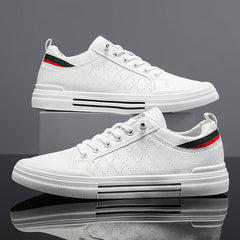 Men's Faux Leather Sneakers | Smooth-Finish Patterned-Accent Lace-Up Comfort Fit for Everyday Wear & Smart Casual Wear in White