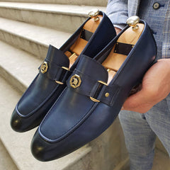 Men's Loafers | Smooth Structured Low-Heel Tonal Metallic-Accent Slip-On Fit for Smart Casual Wear & Everyday Wear in Blue