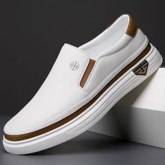Men's Faux Leather Slip-On Shoes | Contrast-Sole Elastic-Panel Comfort Fit for Everyday Wear & Smart Casual Wear in White