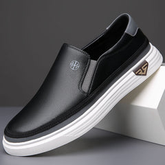 Men's Faux Leather Slip-On Shoes | Contrast-Sole Elastic-Panel Comfort Fit for Everyday Wear & Smart Casual Wear in Black