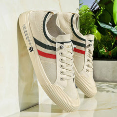 Men's Knit Sneakers | Striped Ribbed-Toe Breathable Lightweight Comfort Fit for Everyday Wear & Smart Casual Wear in Beige