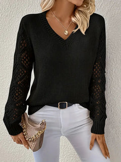 Women's Knit Jumper | Crochet-Sleeve V-Neck Lightweight Layering Relaxed Fit for Autumn & Winter Wear & Everyday Wear in Black