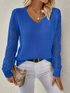 Women's Knit Jumper | Crochet-Sleeve V-Neck Lightweight Layering Relaxed Fit for Autumn & Winter Wear & Everyday Wear in Azure