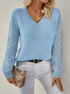Women's Knit Jumper | Crochet-Sleeve V-Neck Lightweight Layering Relaxed Fit for Autumn & Winter Wear & Everyday Wear in Light Blue