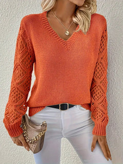 Women's Knit Jumper | Crochet-Sleeve V-Neck Lightweight Layering Relaxed Fit for Autumn & Winter Wear & Everyday Wear in Orange