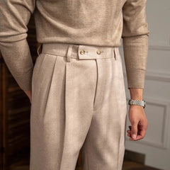 Men's High-Waist Pleated Trousers | Straight-Leg Tailored Elongating Timeless Fit for Office Wear & Smart Casual Wear in Cream