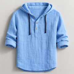 Men's Lightweight Cotton-Linen Hoodie Shirt with Adjustable Drawstring | Relaxed Fit for All-Day Comfort in Blue
