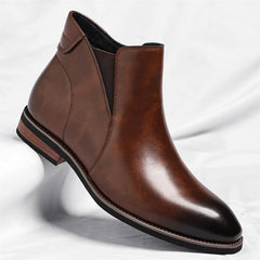 Men's Faux Leather Chelsea Boots | Elastic-Panel Low-Heel Refined Fit for Autumn & Winter Wear & Cold Weather Layering in Brown