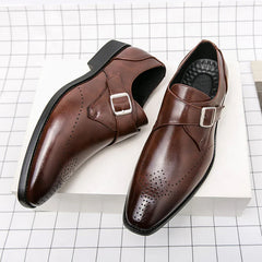 Men's Faux Leather Monk-Strap Dress Shoes | Adjustable-Buckle Perforated-Toe Comfort Fit for Office Wear & Formal Wear in Brown
