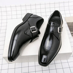 Men's Faux Leather Monk-Strap Dress Shoes | Adjustable-Buckle Perforated-Toe Comfort Fit for Office Wear & Formal Wear in Black
