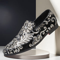 Men's Velvet Loafers | Floral-Embroidered Metallic-Thread Comfort Fit for Evening Wear & Special Occasion Wear in Black