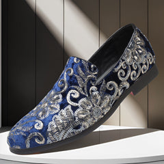 Men's Velvet Loafers | Floral-Embroidered Metallic-Thread Comfort Fit for Evening Wear & Special Occasion Wear in Blue