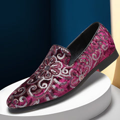 Men's Velvet Loafers | Floral-Embroidered Metallic-Thread Comfort Fit for Evening Wear & Special Occasion Wear in Red