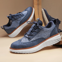 Men's Mesh Faux Leather Sneakers | Oxford-Inspired Patterned-Panel Comfort Fit for Everyday Wear & Smart Casual Wear in Blue
