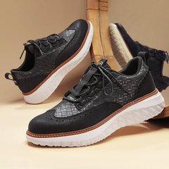 Men's Mesh Faux Leather Sneakers | Oxford-Inspired Patterned-Panel Comfort Fit for Everyday Wear & Smart Casual Wear in Black