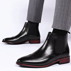 Men's Faux Leather Chelsea Boots | Perforated-Toe Elastic-Panel Comfort Fit for Autumn & Winter Wear & Cold Weather in Black