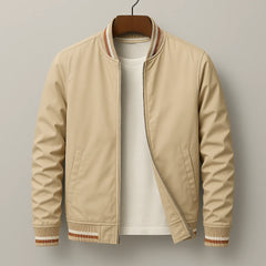 Men's Athletic Jacket | Lightweight Cotton Blend & Ribbed Trims | Tailored Fit Everyday Wear | Voxeya in Beige
