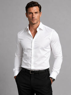 Men's Dress Shirt | Satin Feel & Stretch Fabric | Slim Fit for Smart Casual | Voxeya in White